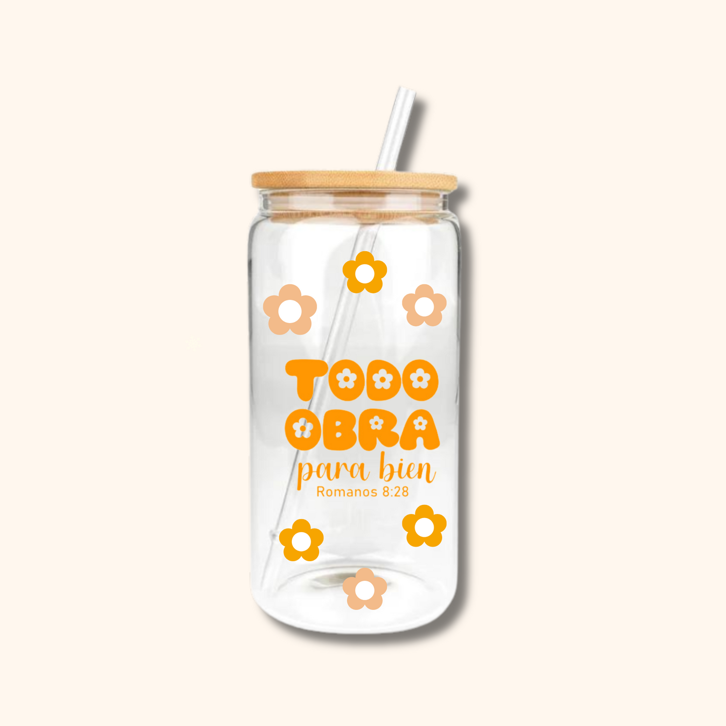 Vaso de vidrio con tapa de bambú "TODO OBRA PARA BIEN"