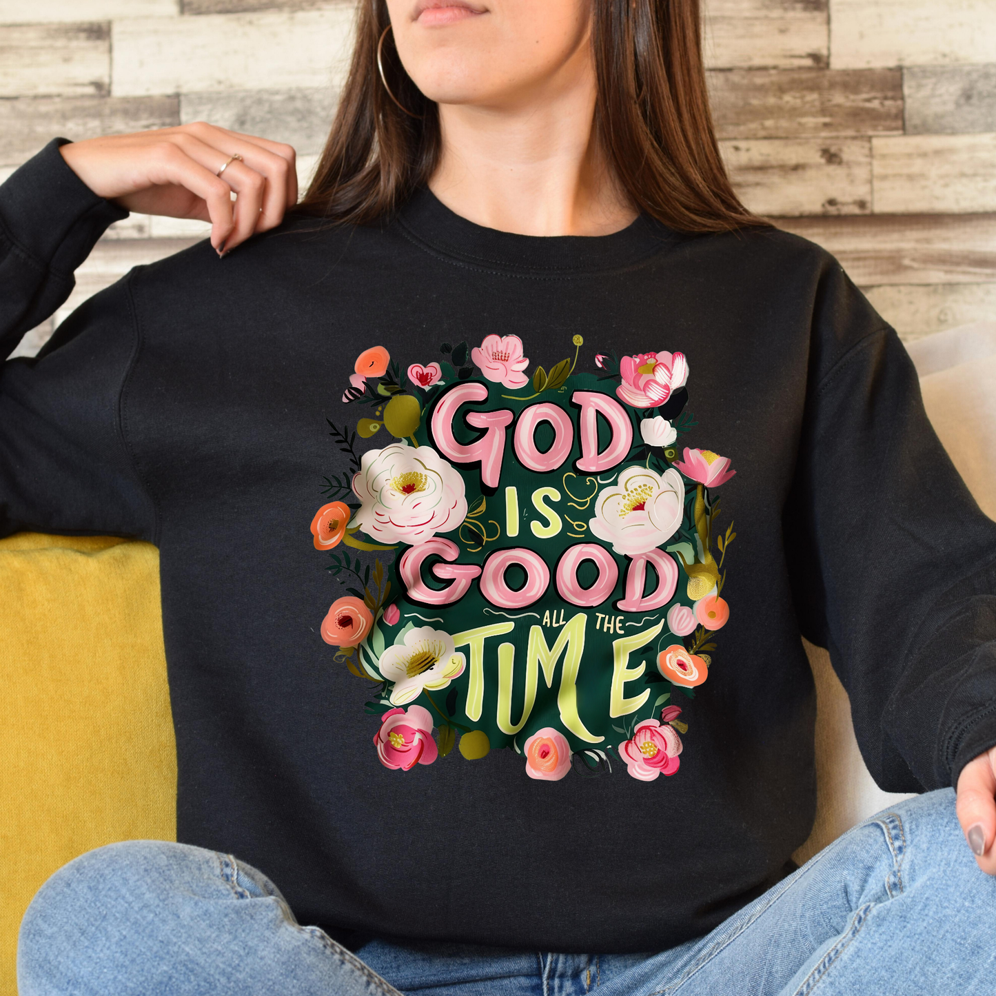 Sweater "God is Good All the Time" con Diseño Floral