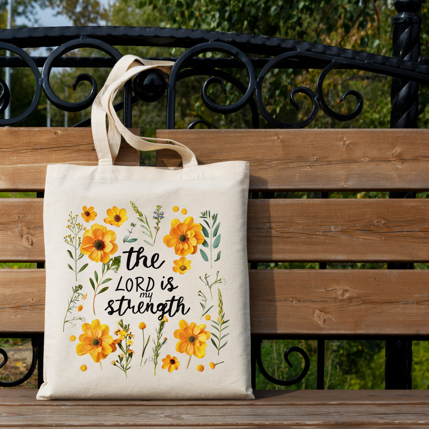 Tote bag  "The Lord is My Strength" con Girasoles Amarillos