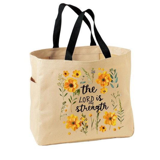 Tote Bag tela gruesa "The Lord is My Strength" con Girasoles Amarillos- lazo corto