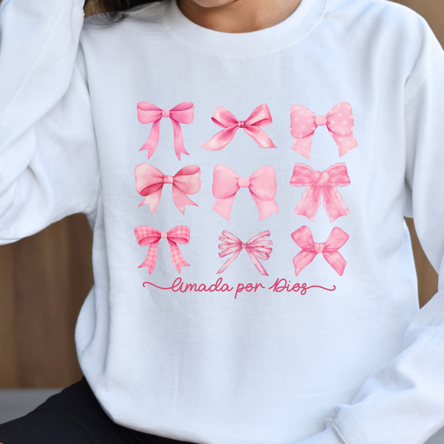 Sweater Rosado "Amada por Dios" lazos- Coquette- Bow- Suéter/ Mujer