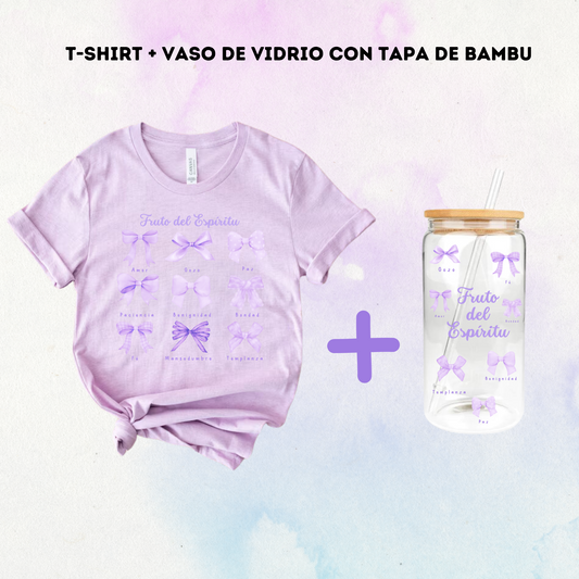 T-shirt + Vaso de Vidrio con tapa de Bambú "FRUTO DEL ESPIRITU"