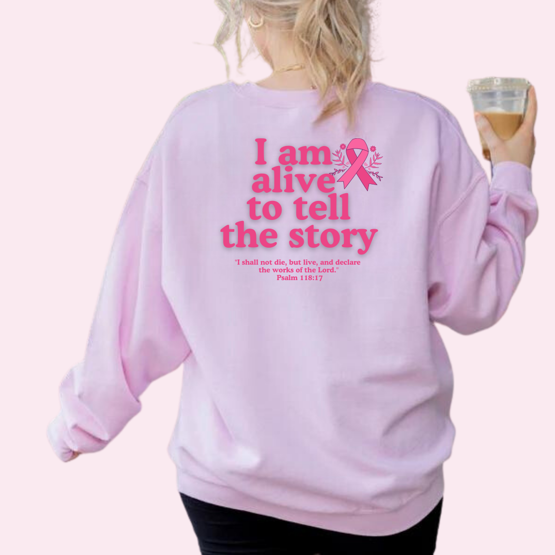 Sweater 'I Am Alive to Tell the Story' sueter, cancer de mama