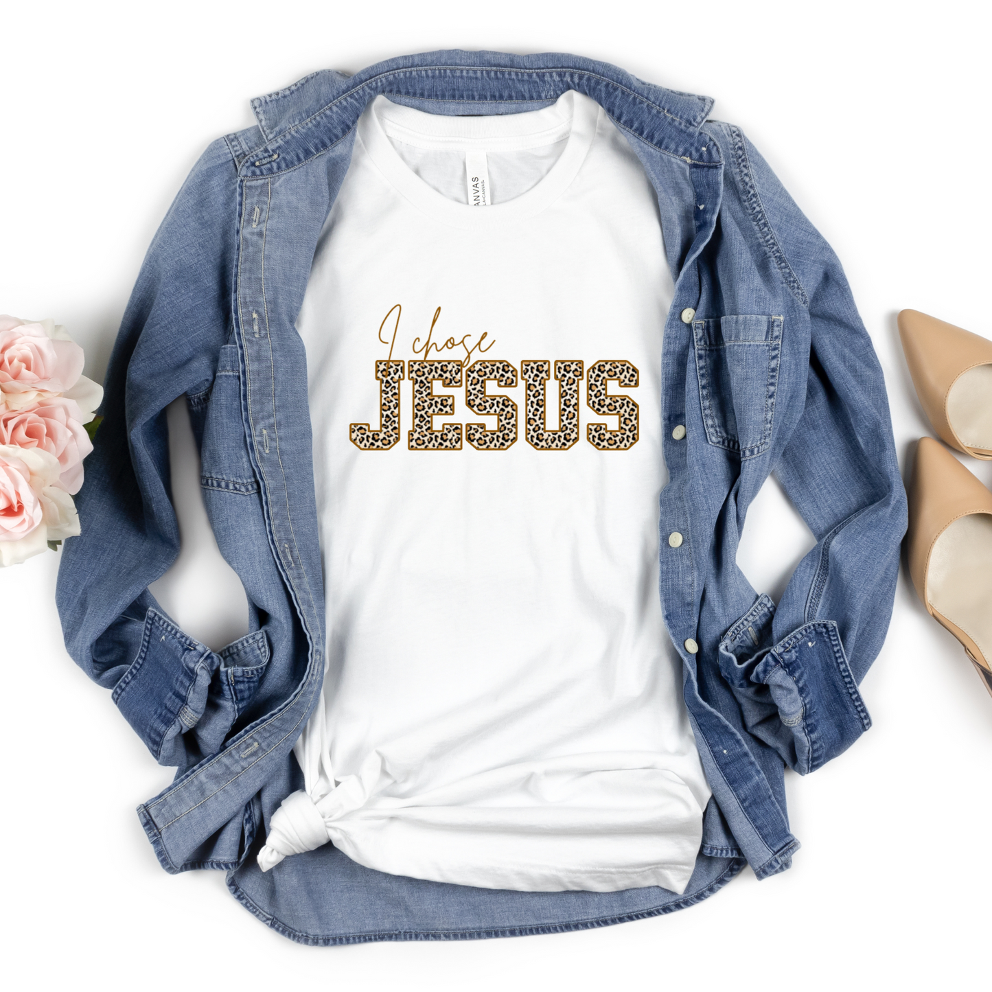 "I chose Jesus" T-shirt Leopardo manga corta. Animal Print