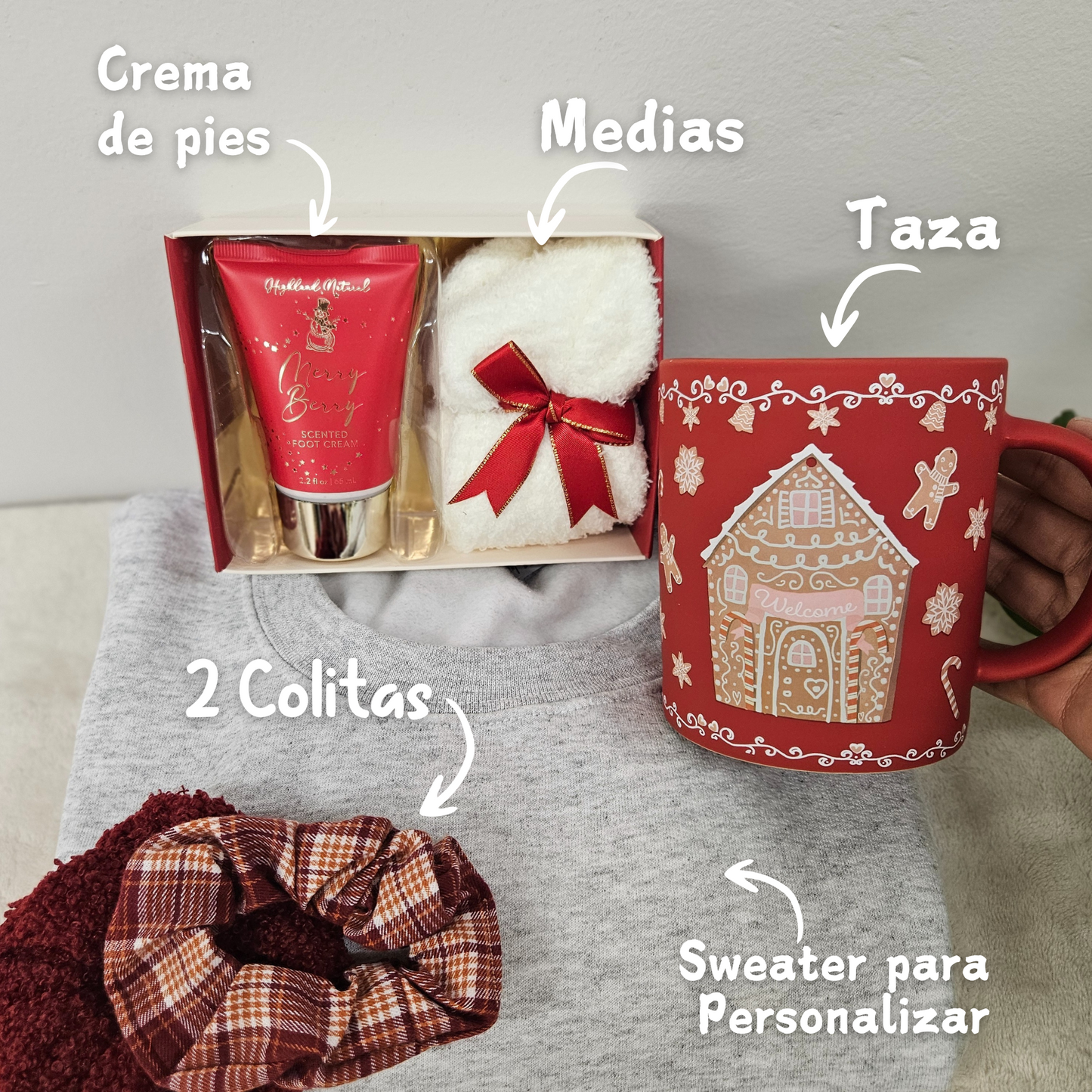 Giftbox (5 artículos) Sweater + Crema+ medias+ colitas+ tazas