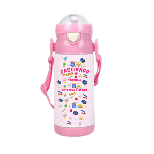 Termo acero inoxidable "CRECIENDO EN SABIDURIA" para niños- back to school 12oz Kids Water with strap