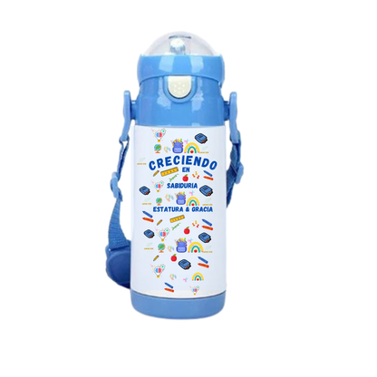 Termo acero inoxidable "CRECIENDO EN SABIDURIA" para niños- back to school 12oz Kids Water with strap