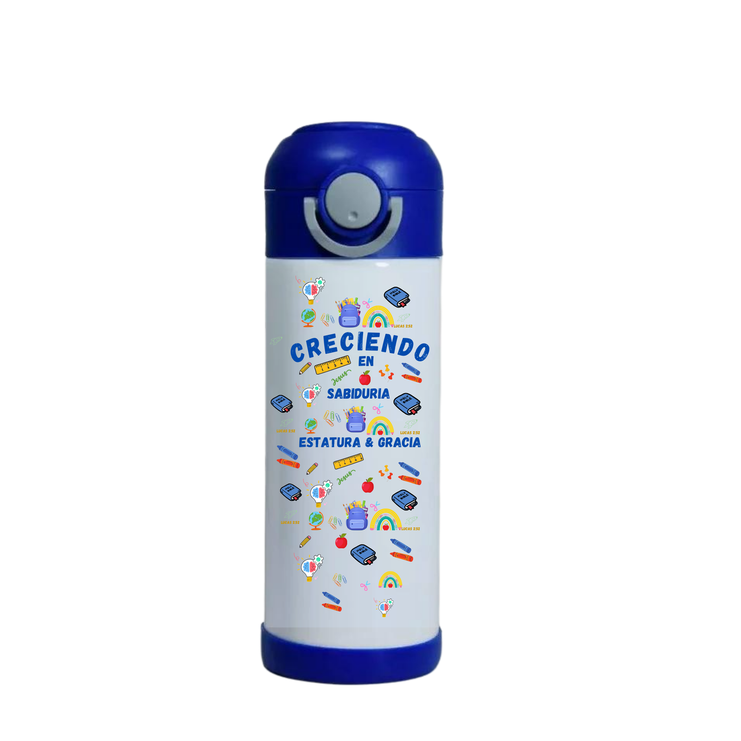 Termo acero inoxidable "CRECIENDO EN SABIDURIA" para niños- back to school 12oz Kids Water with strap