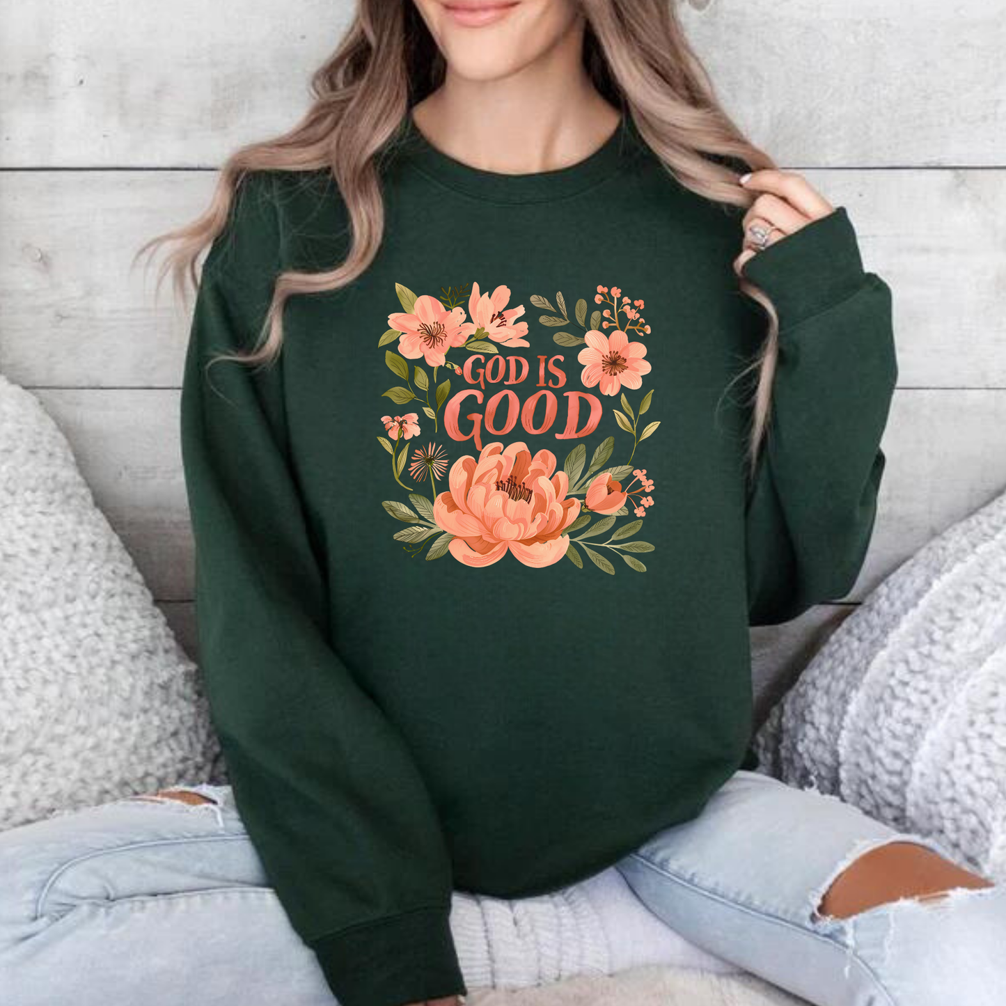 Sweater color Forest Green  "God is Good" con Diseño Floral