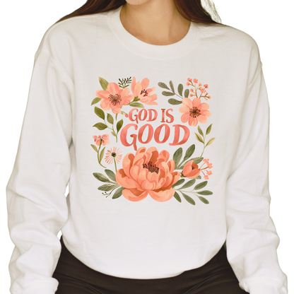 Sweater color Forest Green  "God is Good" con Diseño Floral