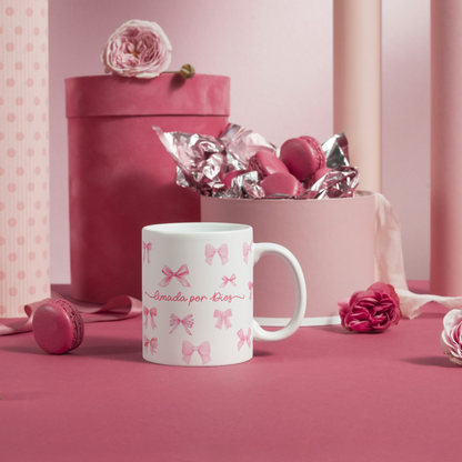 Taza de café Lazos Coquette "Amada por Dios" cerámica Coquette Pink Bow Coffee Ceramic Mug