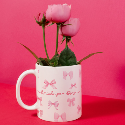 Taza de café Lazos Coquette "Amada por Dios" cerámica Coquette Pink Bow Coffee Ceramic Mug