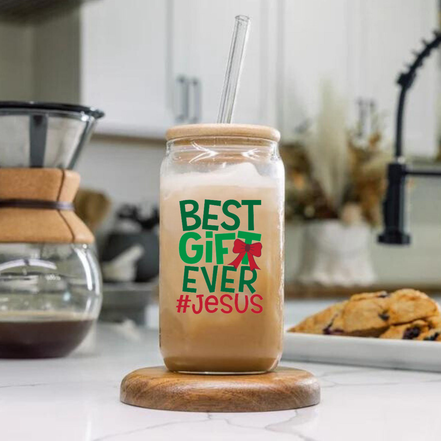 Vaso de Vidrio con Tapa de Bambú 16 oz "Best Gift Ever: Jesus"