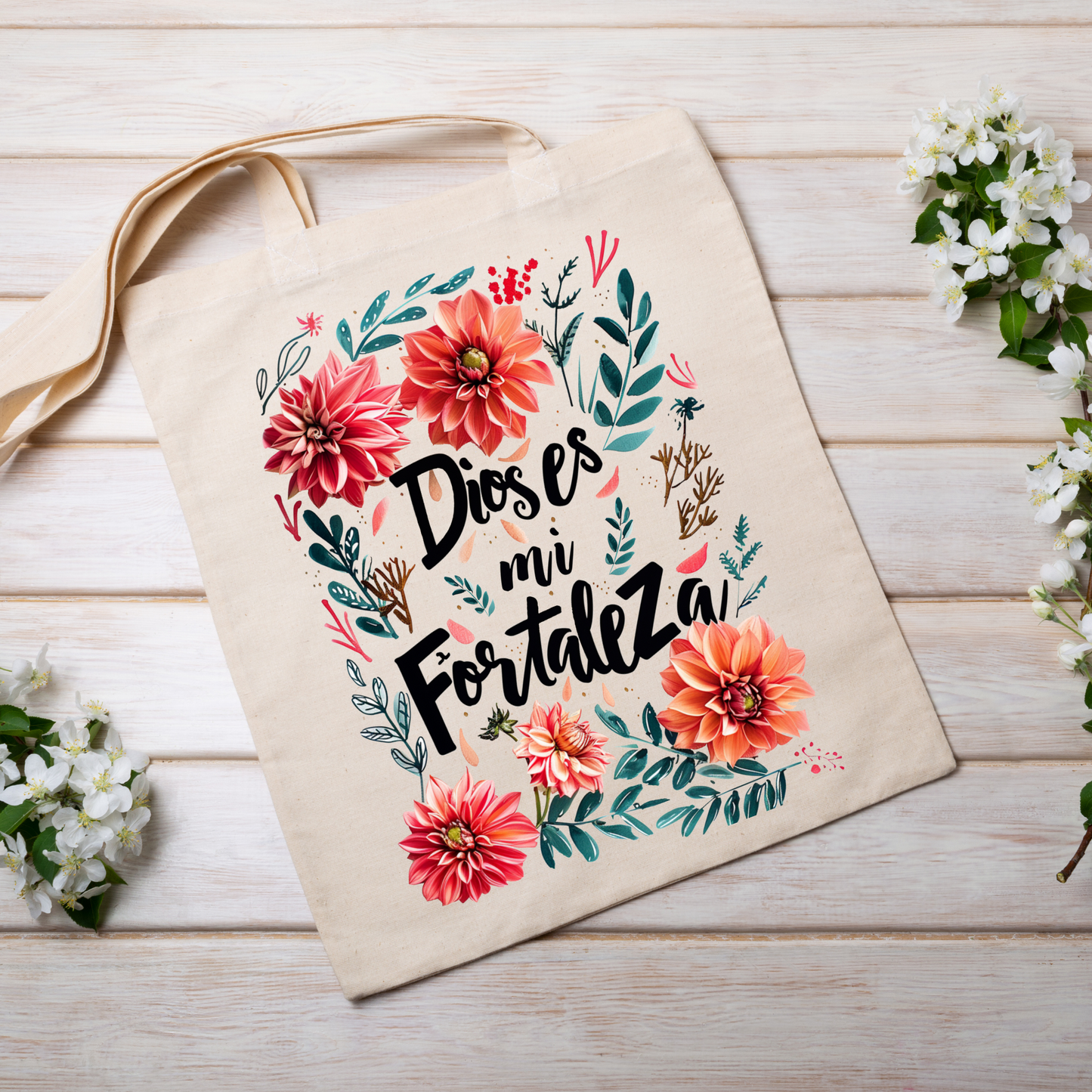 Tote Bag "Dios es Mi Fortaleza" con Estilo Floreado