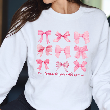 Sweater Rosado "Amada por Dios" lazos- Coquette- Bow- Suéter/ Mujer