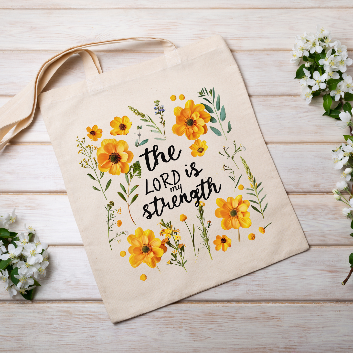 Tote bag  "The Lord is My Strength" con Girasoles Amarillos