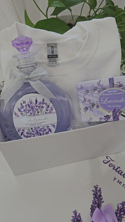 "Gift Box de Lavanda: Sweater para personalizar +gel de baño +jabón en pasta de lavanda +lazo morado.