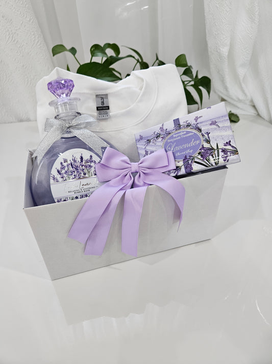 "Gift Box de Lavanda: Sweater para personalizar +gel de baño +jabón en pasta de lavanda +lazo morado.